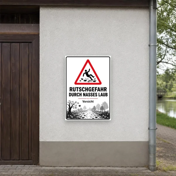 KI-generiertes Anwendungsbeispiel: Rutschgefahr durch nasses Laub Aufkleber an einem Außenweg mit gut sichtbarem Warnsymbol und Herbstmotiv.