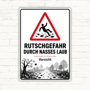 Warnschild mit Text „Rutschgefahr durch nasses Laub“ und Vorsicht-Hinweis als Aluminium-Verbundplatte.