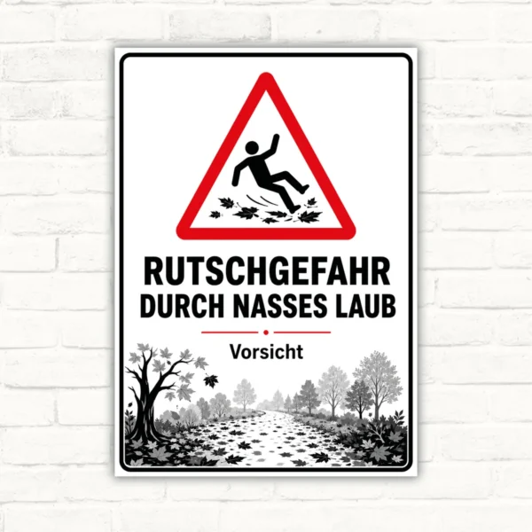 Warnschild mit Text „Rutschgefahr durch nasses Laub“ und Vorsicht-Hinweis als Aluminium-Verbundplatte.