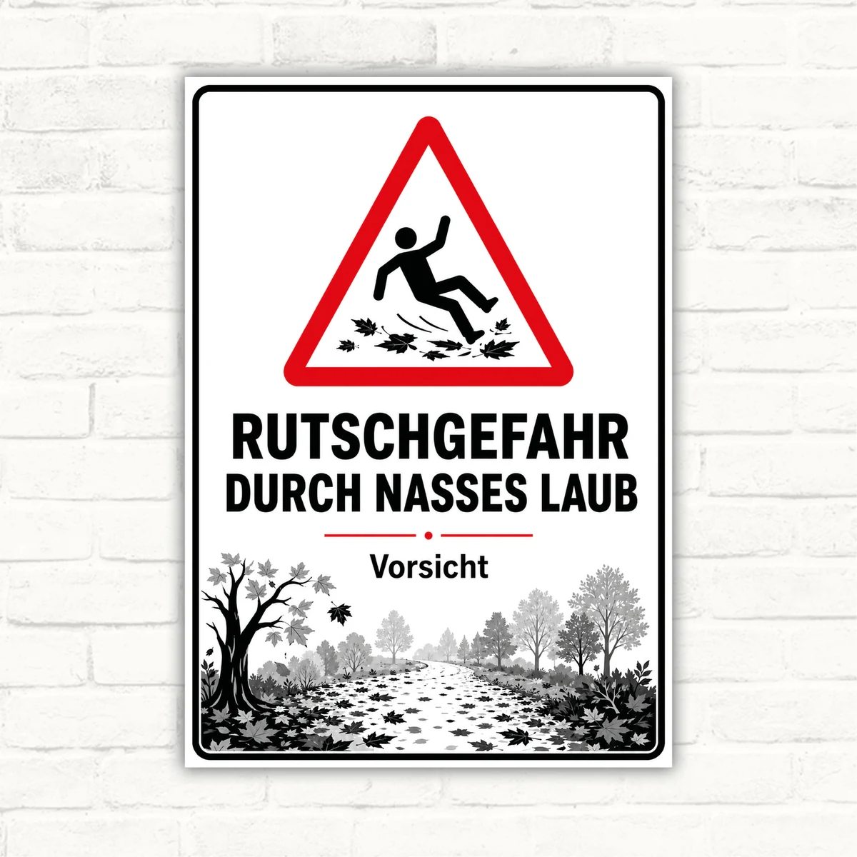 Warnschild mit Text „Rutschgefahr durch nasses Laub“ und Vorsicht-Hinweis als Aluminium-Verbundplatte.