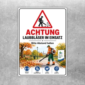 Achtung Laubbläser im Einsatz Aufkleber mit Warnsymbol, Laubbläser-Motiv und klarer Abstandsaufforderung in Rot, Schwarz und Weiß.