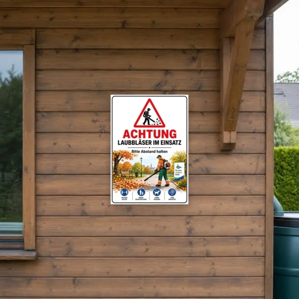 KI-generiertes Anwendungsbeispiel: Achtung Laubbläser im Einsatz Aufkleber an einer glatten Fläche mit Warnsymbol und klarer Einsatzszene.