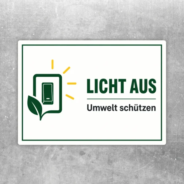 Licht aus Umweltschutz Aufkleber mit grünem Blatt- und Lichtsymbol, weißem Hintergrund und schwarzer Beschriftung.