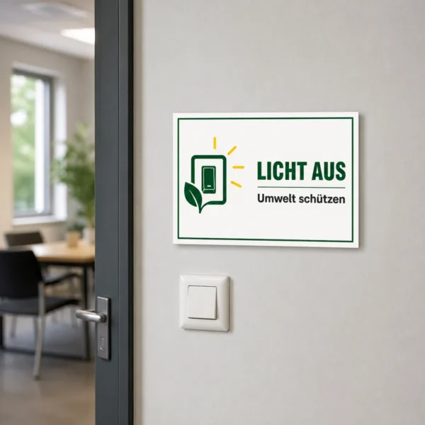 KI-generiertes Anwendungsbeispiel: Bedrucktes Schild mit „LICHT AUS – Umwelt schützen“ neben dem Lichtschalter im Flur.