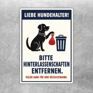 Hochformatiger Hundeschild Bitte Hinterlassenschaften entfernen Aufkleber mit Hund, Beutel und Mülleimer in Navyblau, Rot und Schwarz.
