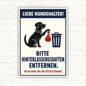 Hundeschild mit Text „Liebe Hundehalter! Bitte Hinterlassenschaften entfernen“ und Hund, Beutel sowie Mülleimer auf Schildplatte.