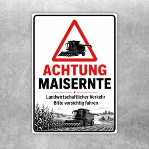 Achtung Maisernte Aufkleber mit Warn-Dreieck, Erntemaschine und gut sichtbarem Hinweistext in Rot, Schwarz und Weiß.