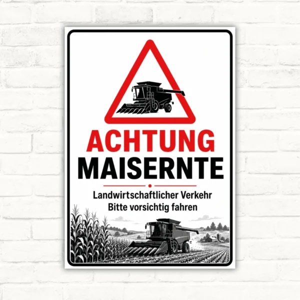 Achtung Maisernte Schild mit Warndreieck, Mähdrescher und Hinweis auf landwirtschaftlichen Verkehr als robustes Produktschild.
