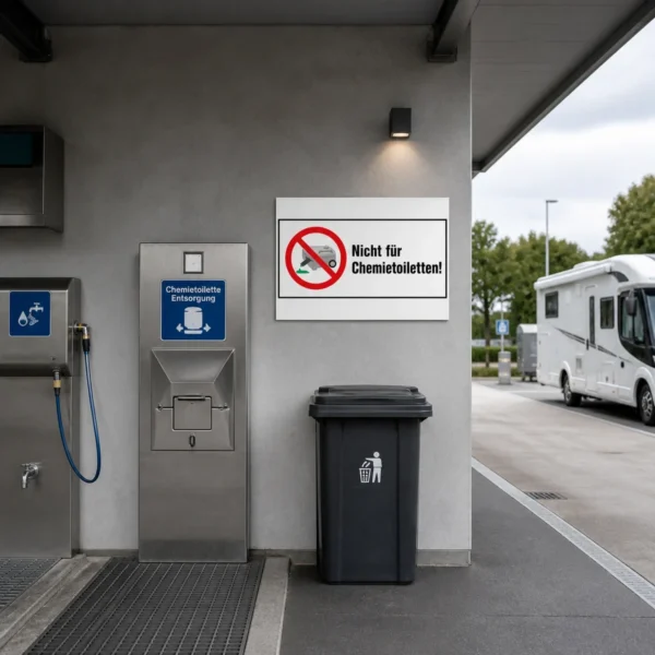 KI-generiertes Anwendungsbeispiel: Verbotsschild Nicht für Chemietoiletten Aufkleber auf weißer Fläche mit rotem Symbol und Hinweistext.