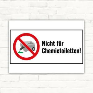 Verbotsschild mit rotem Verbotssymbol und Text „Nicht für Chemietoiletten!“ als Querformat-Schild.