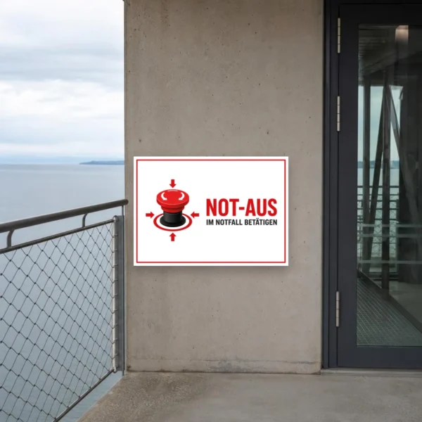 KI-generiertes Anwendungsbeispiel: Bedrucktes Schild mit rotem Not-Aus-Taster und Text „Not-Aus im Notfall betätigen“ an einer Maschinenwand.