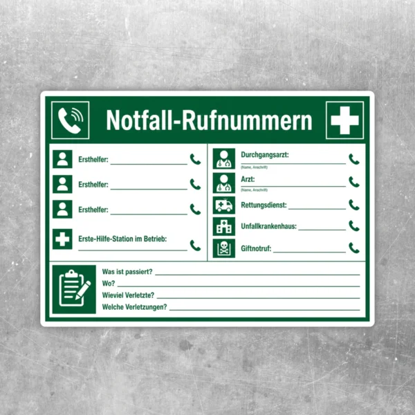 Grün-weißer Notfall-Rufnummern Aufkleber mit Feldern für Ersthelfer, Arzt und Rettungsdienst im Querformat.