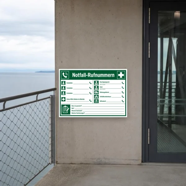 KI-generiertes Anwendungsbeispiel: Grün-weißes Notfall-Rufnummern-Schild mit Ersthelfer- und Arztfeldern an einer Flurwand im Betrieb.