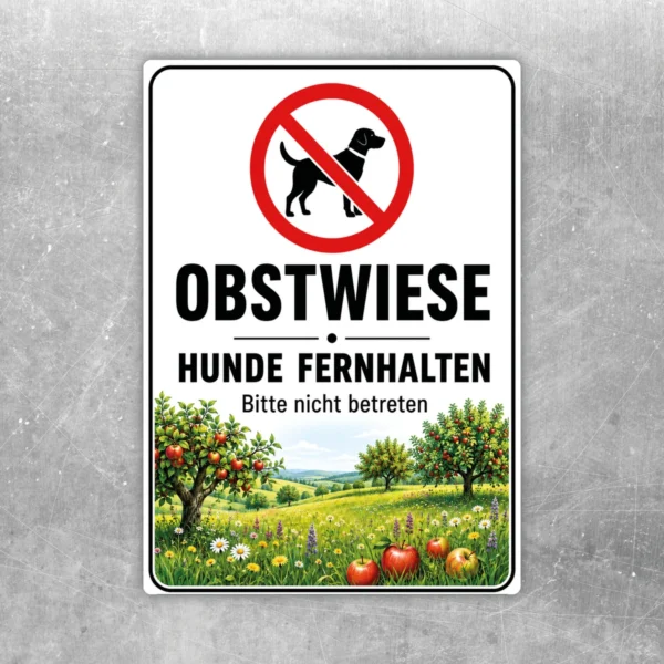 Hundeverbotsschild Obstwiese als Aufkleber mit Verbotssymbol, Apfelbäumen und dem Hinweis Hunde fernhalten, bitte nicht betreten.