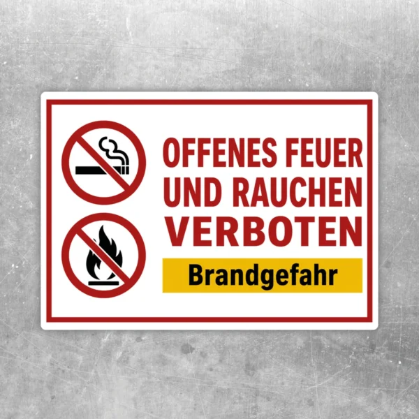 Aufkleber „Offenes Feuer und Rauchen verboten“ mit Brandgefahr-Hinweis, rot-weiß-schwarzes Warnmotiv in Querformat.