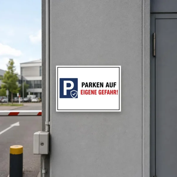 KI-generiertes Anwendungsbeispiel: Parken auf eigene Gefahr Aufkleber in Querformat mit blauem P-Symbol und rotem Warnhinweis auf weißem Grund.