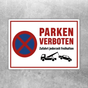 Parken verboten Aufkleber mit rotem Verbotssymbol und dem Hinweis „Zufahrt jederzeit freihalten“ auf weißem Hintergrund.