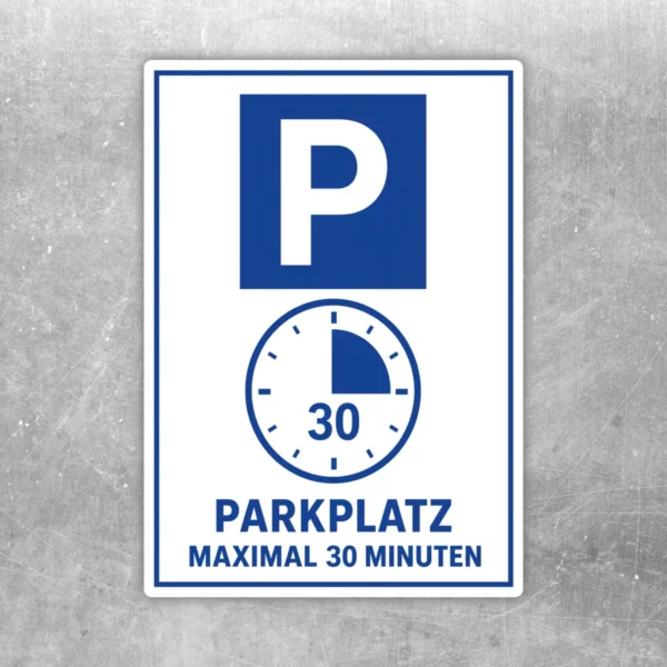 Blau-weißer Parkplatz Aufkleber mit P-Symbol, Uhrgrafik und dem Hinweis Maximal 30 Minuten.