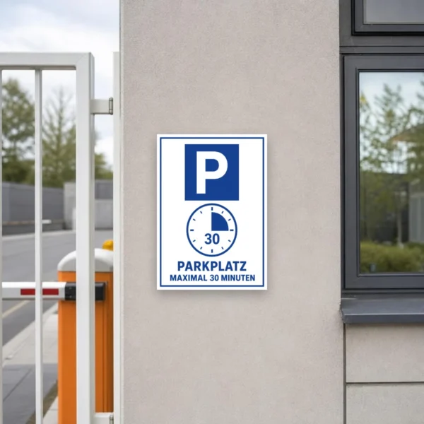 KI-generiertes Anwendungsbeispiel: Blau-weißes Parkplatzschild mit P, Uhrsymbol und „Parkplatz maximal 30 Minuten“ an einer Einfahrt.