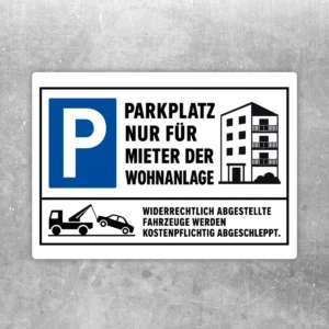 Parkplatz nur für Mieter der Wohnanlage Aufkleber mit blauem Piktogramm, Wohnhausgrafik und Abschlepphinweis in Schwarz-Weiß.