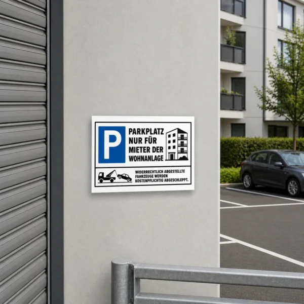 KI-generiertes Anwendungsbeispiel: Parkplatzschild mit blauem P-Symbol, Wohnhausgrafik und dem Text „Parkplatz nur für Mieter der Wohnanlage“.