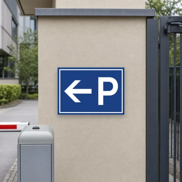 KI-generiertes Anwendungsbeispiel: Parkplatzschild mit Pfeil links und P zur klaren Wegweisung an einer Firmenzufahrt.