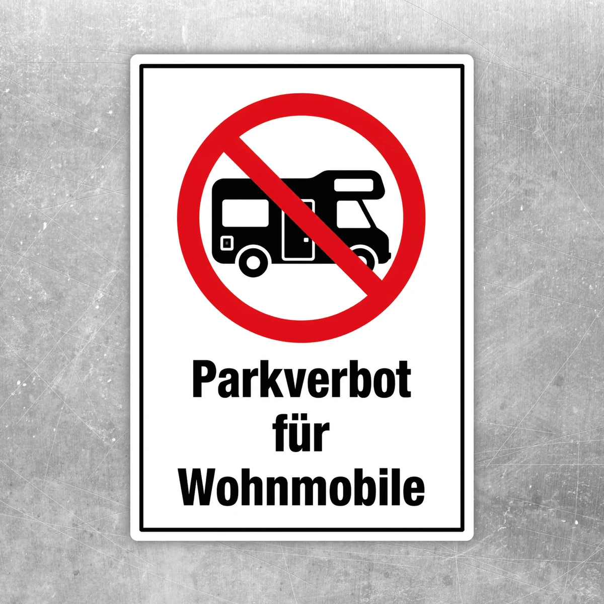 Parkverbot für Wohnmobile Aufkleber mit rotem Verbotssymbol und Camper-Piktogramm auf weißem Hintergrund.