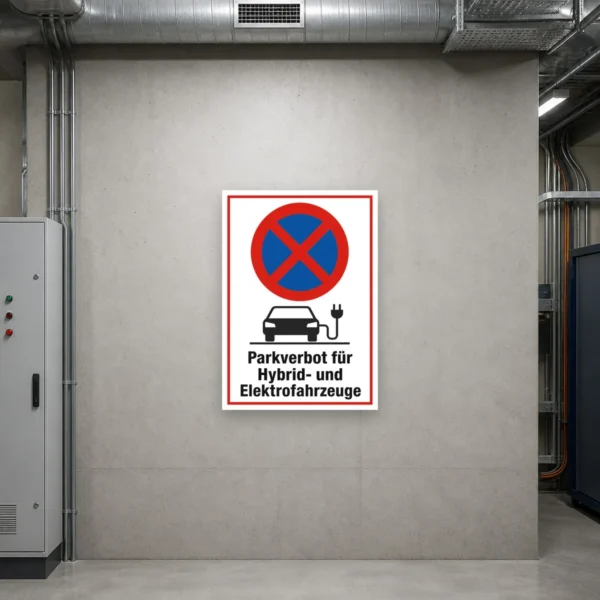 KI-generiertes Anwendungsbeispiel: Parkverbot für Hybrid- und Elektrofahrzeuge Aufkleber an einer hellen Türfläche mit gut lesbarem Motiv.