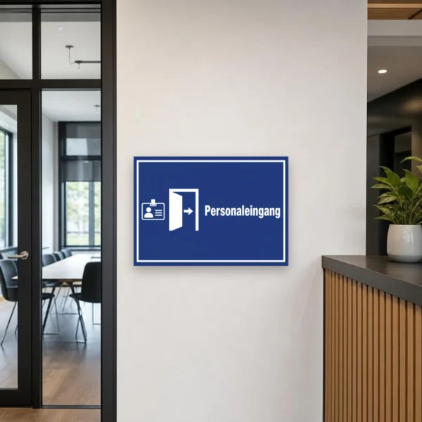 KI-generiertes Anwendungsbeispiel: Personaleingang Schild mit Pfeil an einem Betriebseingang, klar lesbar und gut sichtbar für Mitarbeitende.