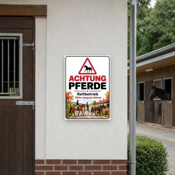 KI-generiertes Anwendungsbeispiel: Achtung Pferde Schild mit Reitszene und Hinweis Reitbetrieb Bitte langsam fahren als Schild für Hofzufahrten.