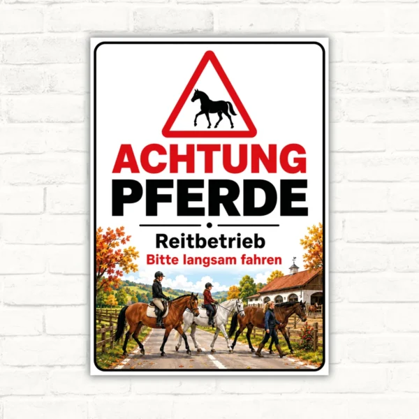Achtung Pferde Schild mit Warnsymbol, Reitern und dem Text Reitbetrieb Bitte langsam fahren als bedrucktes Schild.