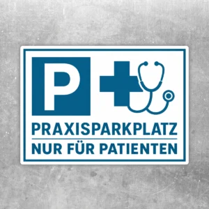 Praxisparkplatz nur für Patienten Aufkleber in Blau-Weiß mit P, Kreuz und Stethoskop für Arztpraxis-Parkflächen.