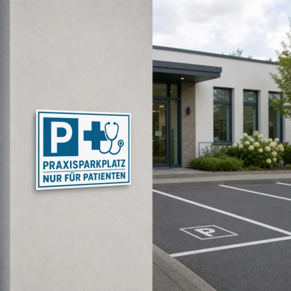 KI-generiertes Anwendungsbeispiel: Blau-weißes Praxisparkplatz-Schild mit Kreuz und Stethoskop, Text „nur für Patienten“.