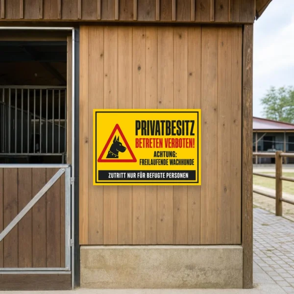 KI-generiertes Anwendungsbeispiel: Gelbes Schild „Privatbesitz betreten verboten“ mit freilaufenden Wachhunden an einem Hoftor aus Aluminium.