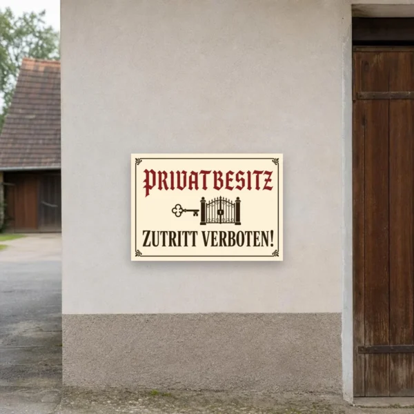 KI-generiertes Anwendungsbeispiel: Privatbesitz Zutritt verboten Aufkleber im Altdeutsch-Stil an einem privaten Tor mit klarer Warnwirkung.