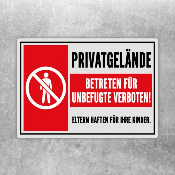 Privatgelände betreten für Unbefugte verboten Aufkleber in Rot, Weiß und Schwarz mit Verbotssymbol auf Querformat.