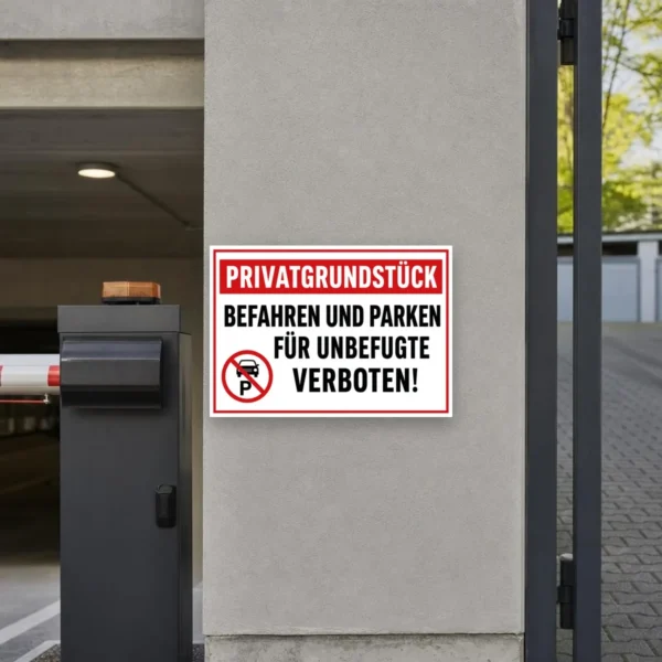 KI-generiertes Anwendungsbeispiel: Privatgrundstück befahren und parken für Unbefugte verboten Aufkleber an einer Zufahrt