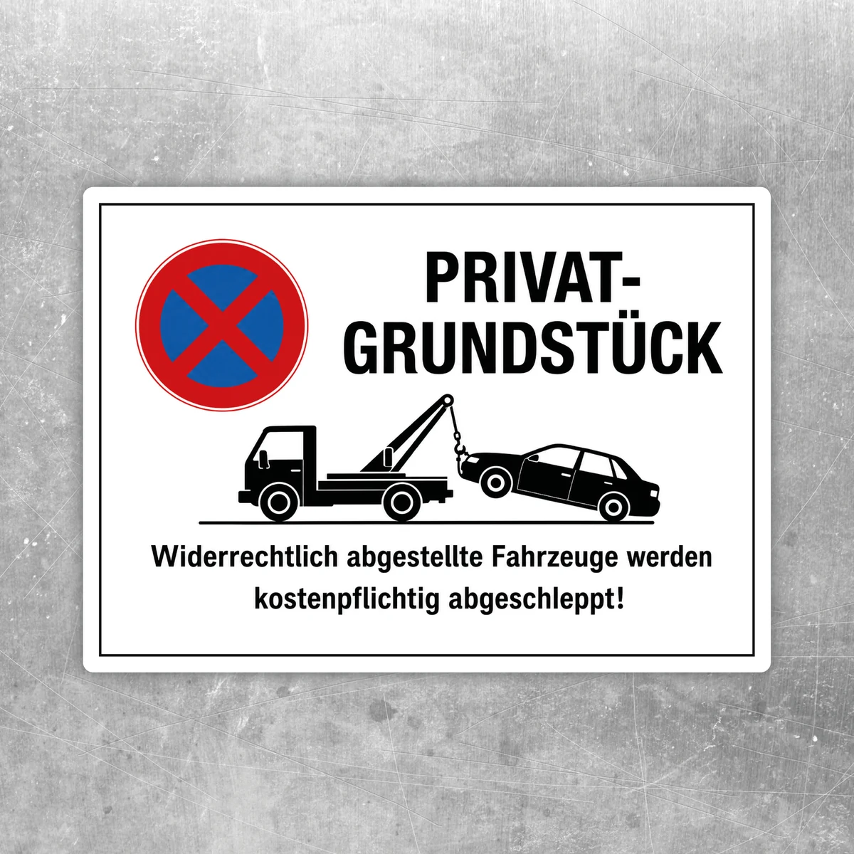 Parkverbotsaufkleber Privatgrundstück mit Abschleppwagen, rotem Verbotssymbol und Hinweis auf kostenpflichtiges Abschleppen.