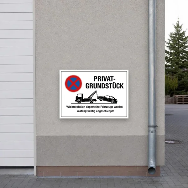 KI-generiertes Anwendungsbeispiel: Parkverbotsaufkleber Privatgrundstück an einer Zufahrt mit Abschlepphinweis und Verbotssymbol.
