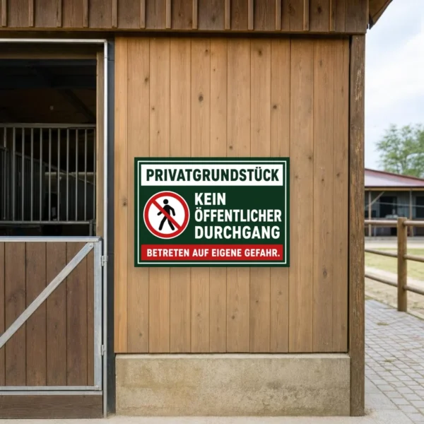 KI-generiertes Anwendungsbeispiel: Querformatiger Privatgrundstück Aufkleber mit Warnsymbol und rotem Hinweisbalken an einem Zaun.