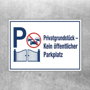 Privatgrundstück – Kein öffentlicher Parkplatz Aufkleber mit P, Verbotssymbol und Tor in Blau, Rot und Weiß.