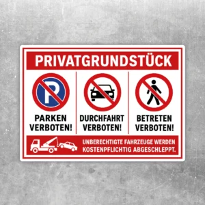 Privatgrundstück Aufkleber mit Parken-, Durchfahrt- und Betreten-verboten-Motiv in Rot, Weiß, Schwarz und Blau.