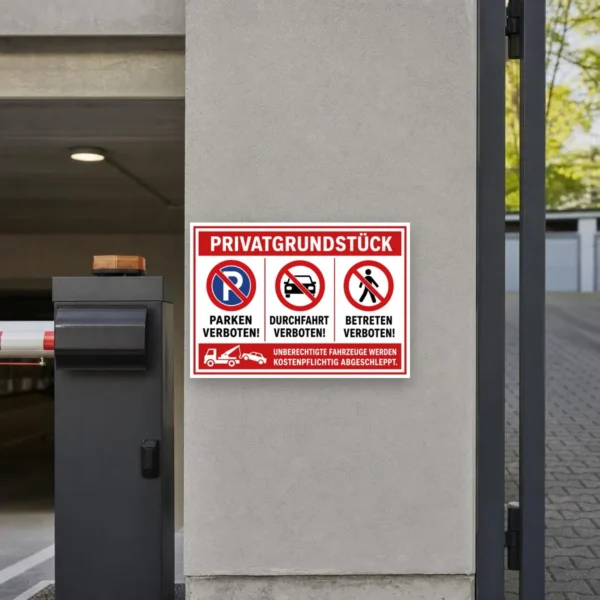 KI-generiertes Anwendungsbeispiel: Privatgrundstück Aufkleber an einer Einfahrt mit klaren Verbotssymbolen in Rot, Weiß, Schwarz und Blau.