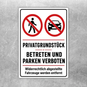 Privatgrundstück Betreten und Parken verboten Aufkleber mit roten Verbotszeichen auf weißem Hintergrund für Tor oder Einfahrt.