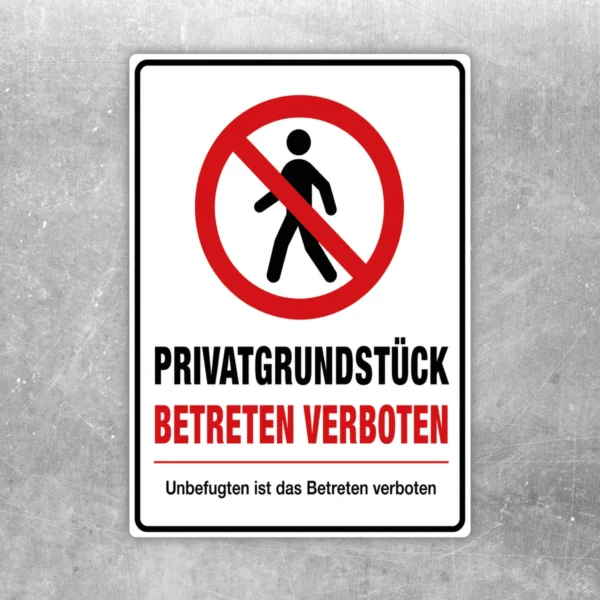 Privatgrundstück betreten verboten Aufkleber mit rotem Verbotssymbol, schwarzer Schrift und klarer Warnwirkung für private Eingänge.