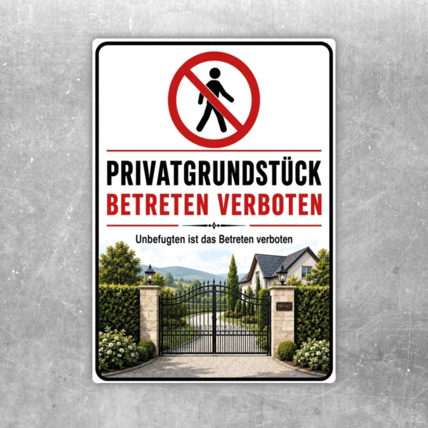 Privatgrundstück betreten verboten Aufkleber mit Tor-Motiv in Rot, Schwarz und Weiß für Zaun oder Einfahrt.