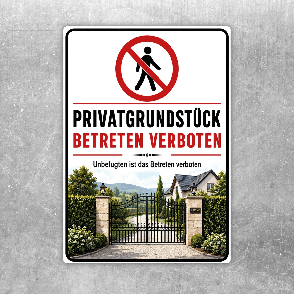 Privatgrundstück betreten verboten Aufkleber mit Tor-Motiv in Rot, Schwarz und Weiß für Zaun oder Einfahrt.