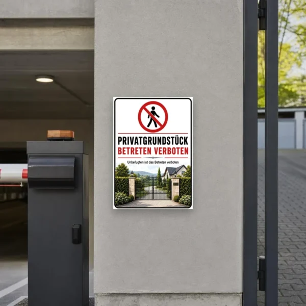 KI-generiertes Anwendungsbeispiel: Privatgrundstück betreten verboten Aufkleber mit Tor-Motiv an einem Einfahrtstor.