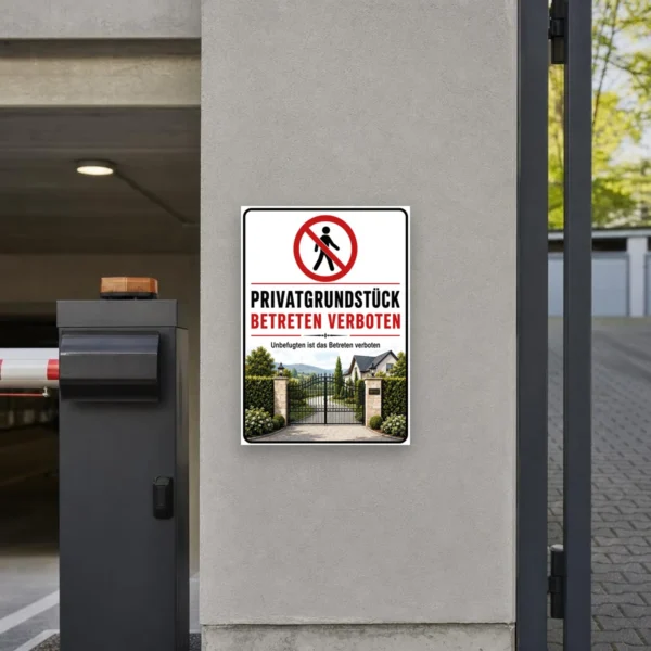KI-generiertes Anwendungsbeispiel: Bedrucktes Verbotsschild „Privatgrundstück, Betreten und Parken verboten“ an einer privaten Einfahrt.