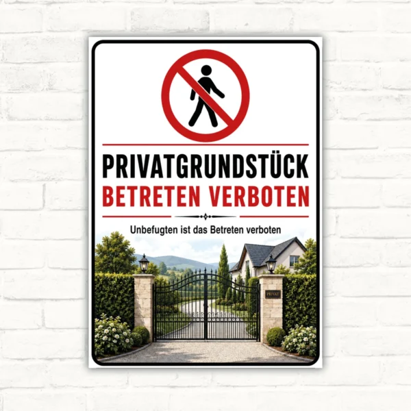 Privatgrundstück Betreten verboten Schild mit rotem Verbotssymbol und Grundstücksmotiv für Einfahrt und Zugang.